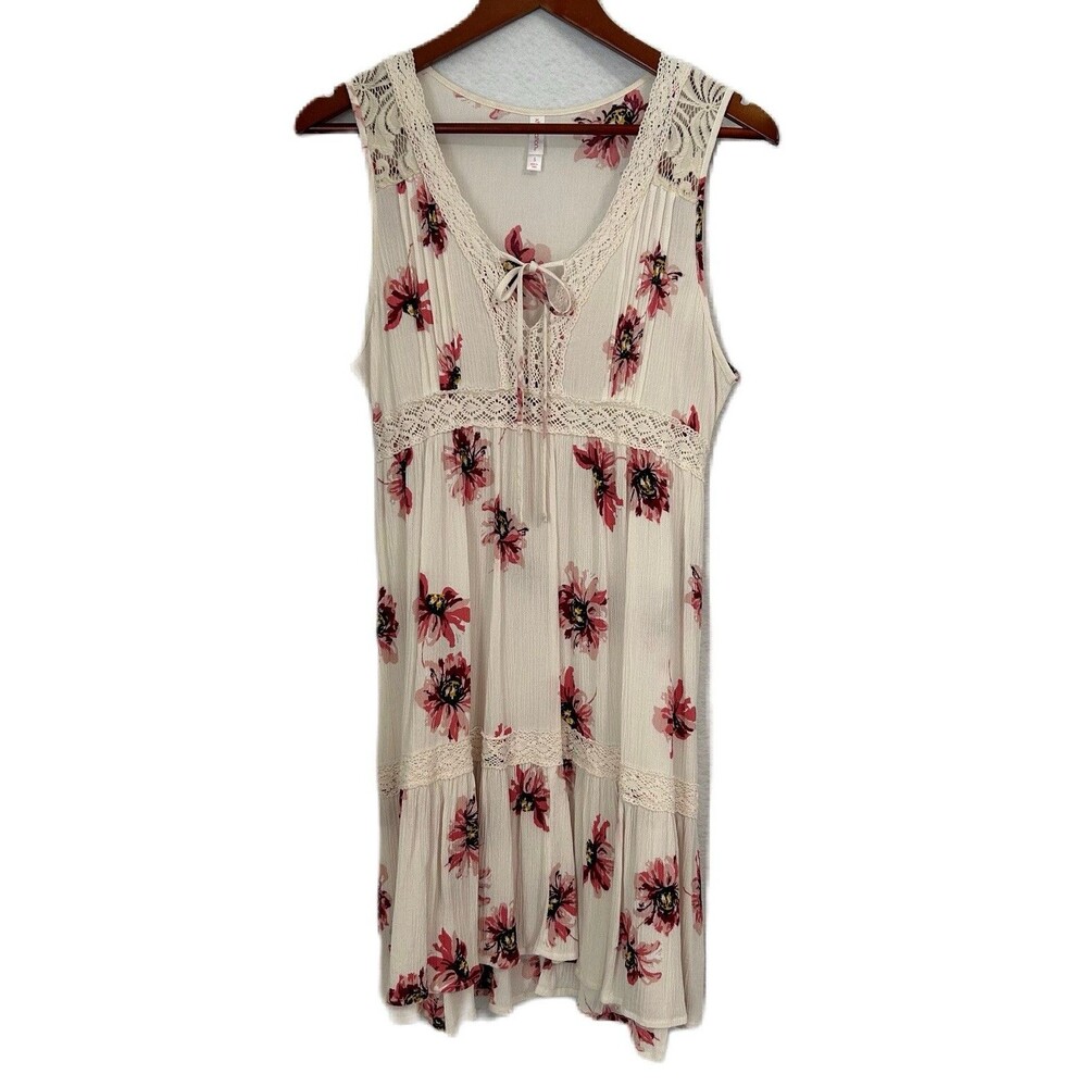 Xhilaration Sundress Women S Ivory Multi Pink Floral Sleeveles Lace Cottage Boho